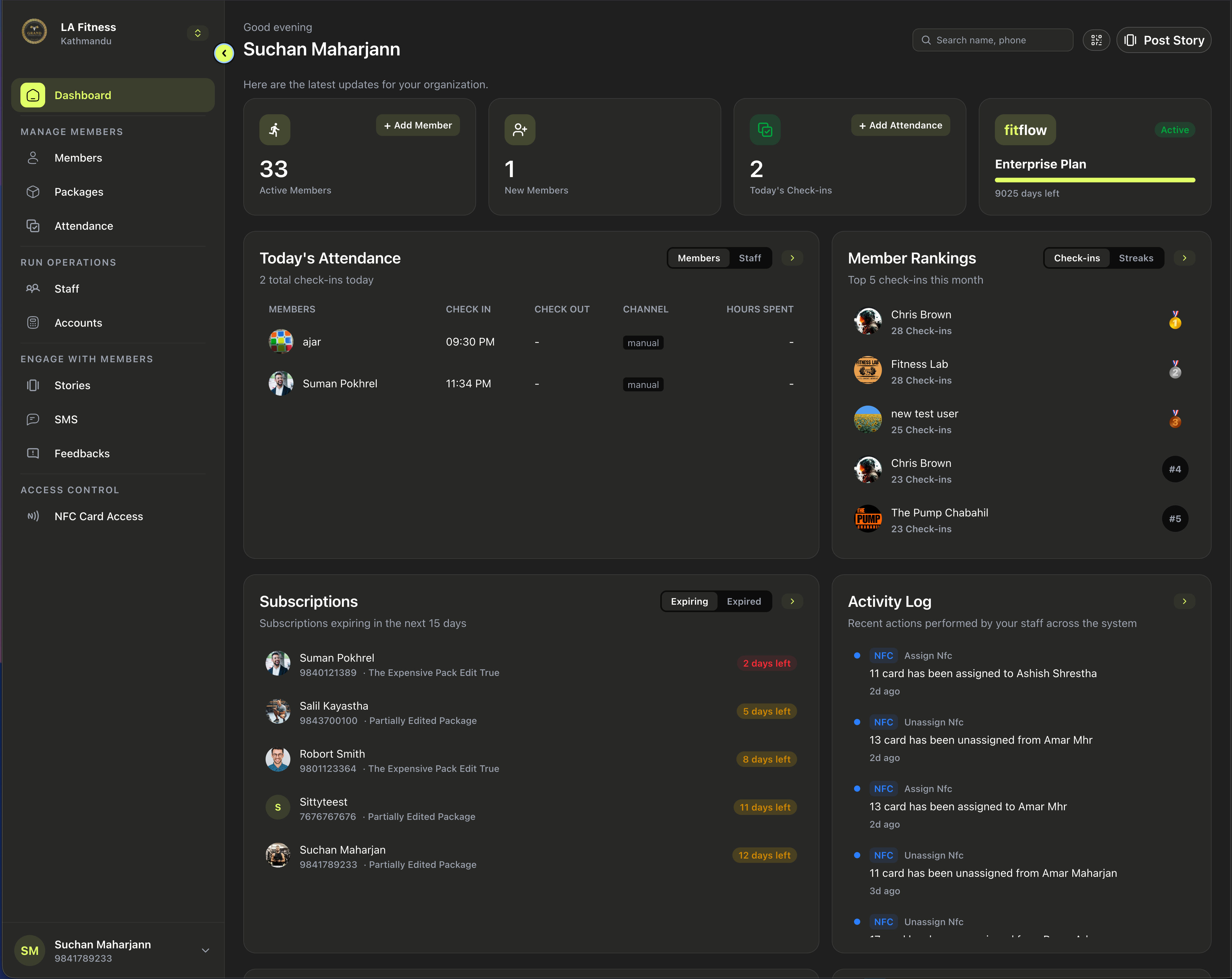 FitFlow dashboard — real-time overview of members, attendance, subscriptions, member rankings, and activity log
